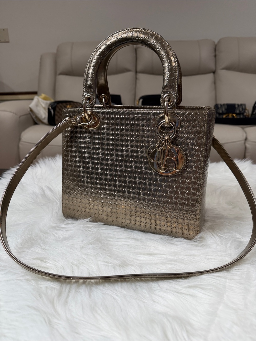 Christian Dior Lady Dior Metallic Cannage Medium Bag Gold Silver Crossbody
